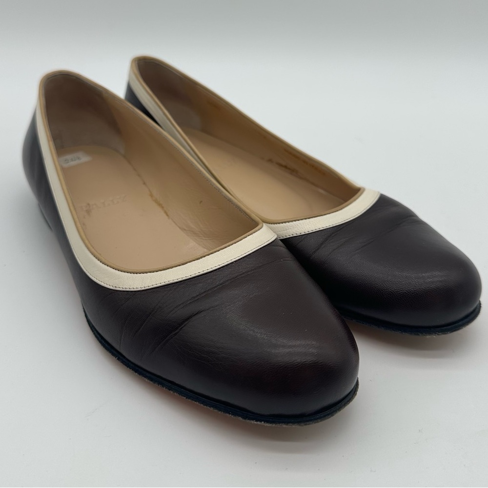 Bally Dark Brown Leather Ballet Flats with Cream Trim